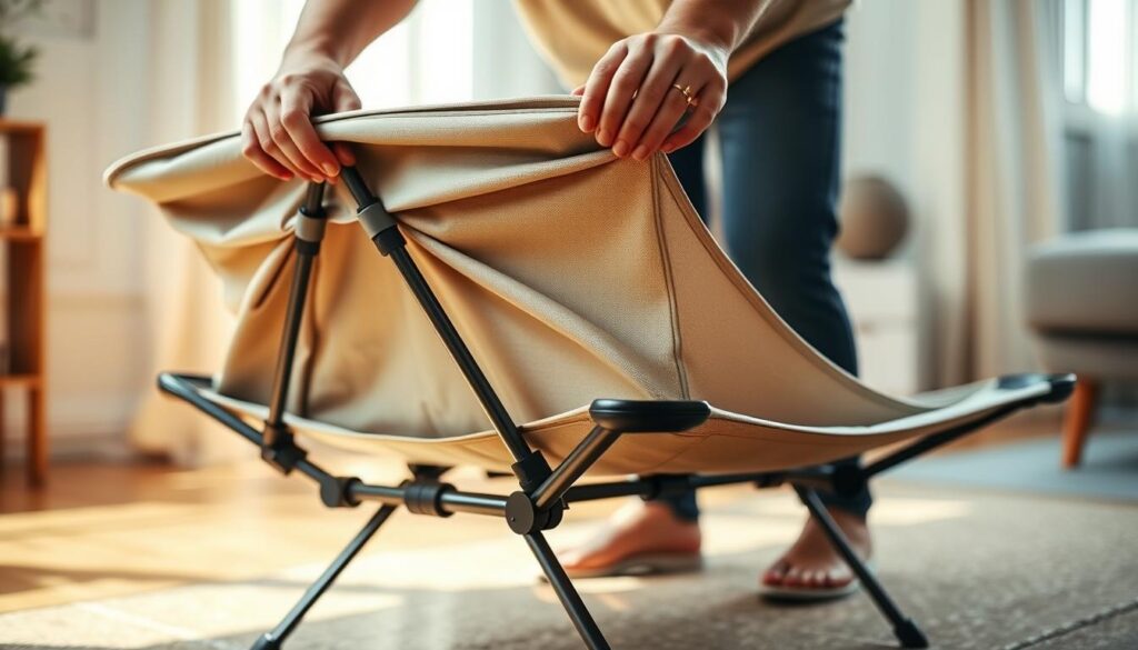 proces rozkładania łóżeczka turystycznego