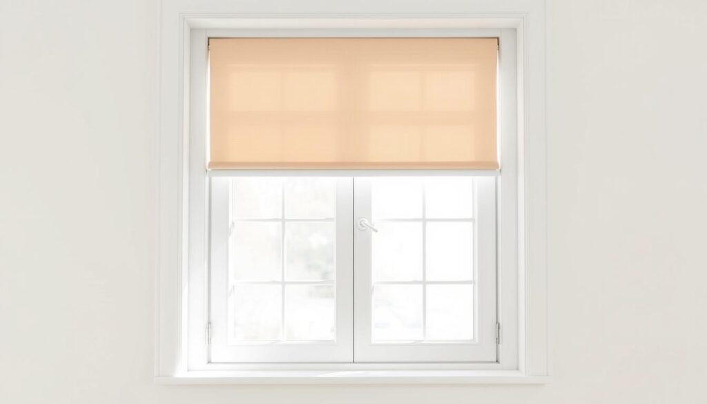 A bright, airy window frame in crisp white, complemented by a harmonious selection of window roller shades. The shades feature a palette of soft, muted tones - ranging from delicate pastels to earthy neutrals - that seamlessly blend with the clean, minimal aesthetic of the white window. Gentle natural light filters through the shades, creating a warm, inviting ambiance. The composition captures the balance and visual harmony between the window frame and the carefully chosen roller shade colors, showcasing how the right hues can enhance and accentuate a white window's timeless appeal.