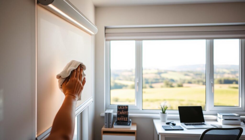 A bright, well-lit home interior with a window overlooking a scenic view. In the foreground, a pair of white day-night roller blinds are being carefully cleaned with a soft cloth, removing dust and dirt. The middle ground features a clean, organized workspace with office supplies and a laptop, suggesting a productive environment. The background showcases a beautiful outdoor landscape, with rolling hills, trees, and a clear sky, creating a serene and calming atmosphere. The lighting is natural, with a warm, diffused glow filling the room. The overall scene conveys a sense of tranquility, order, and attention to detail in maintaining the home environment.