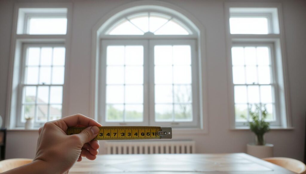 A bright, well-lit interior with a large window taking up a significant portion of the frame. The window is placed in the center, with a tape measure prominently displayed in the foreground, demonstrating the process of measuring the window's dimensions. The tape measure is held by a pair of hands, suggesting a person is actively engaged in the measurement task. The background features subtle details that suggest a domestic setting, such as a table or other furniture, providing context for the measurement activity. The overall mood is one of focus and attention to detail, emphasizing the importance of accurate window measurements for the task at hand.