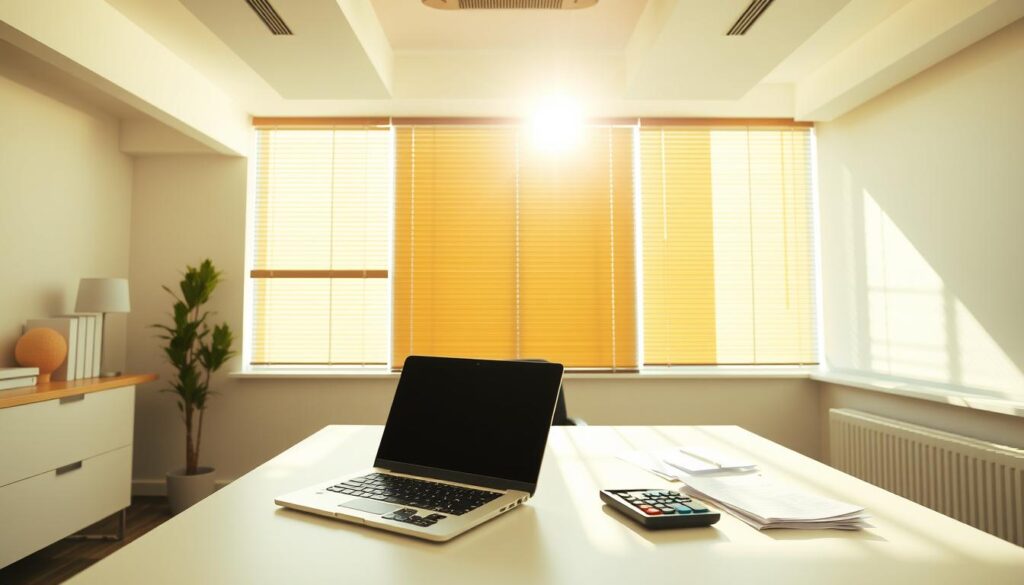 A bright, well-lit office interior with a large desk and a wall-mounted set of internal window blinds. The blinds are partially open, allowing natural light to stream in and create a warm, inviting atmosphere. The desk is cleared, except for a laptop, some papers, and a calculator, suggesting an ongoing tax-related task. The overall scene conveys a sense of focus and attention to detail, as if the viewer is witnessing the process of calculating tax deductions for the internal window blinds. A bright, well-lit office interior with a large desk and a wall-mounted set of internal window blinds. The blinds are partially open, allowing natural light to stream in and create a warm, inviting atmosphere. The desk is cleared, except for a laptop, some papers, and a calculator, suggesting an ongoing tax-related task. The overall scene conveys a sense of focus and attention to detail, as if the viewer is witnessing the process of calculating tax deductions for the internal window blinds.