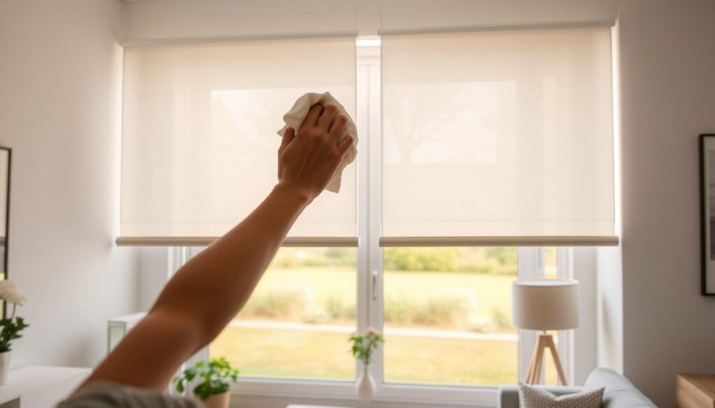 A clean, well-lit home scene with a pair of day and night roller blinds in the foreground. The blinds are being gently wiped down with a soft cloth, revealing their pristine condition. The lighting is natural and warm, creating a calming, inviting atmosphere. The middle ground features a tidy living room with minimal decor, while the background showcases a serene outdoor landscape through the window. The image conveys a sense of effortless, safe maintenance for day and night roller blinds.