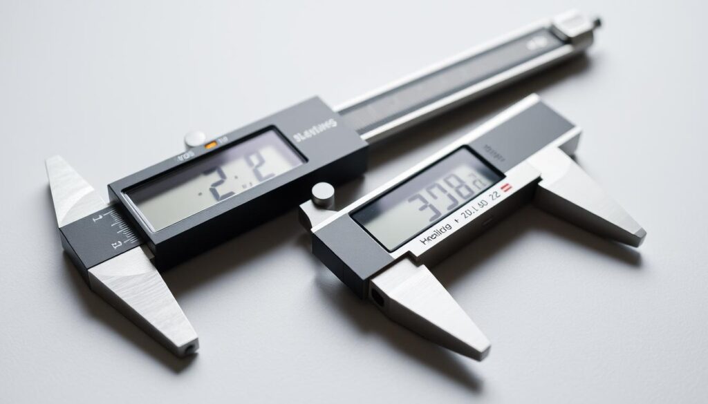 A close-up shot of a pair of precision measuring instruments, such as a digital caliper or micrometer, resting on a neutral surface. The instruments should be meticulously detailed, with their dials, scales, and textured metal surfaces clearly visible. Soft, directional lighting illuminates the tools, casting subtle shadows and highlights that emphasize their mechanical elegance. The background should be clean and uncluttered, allowing the measuring devices to be the focal point, conveying a sense of accuracy, attention to detail, and the importance of proper measurement techniques.