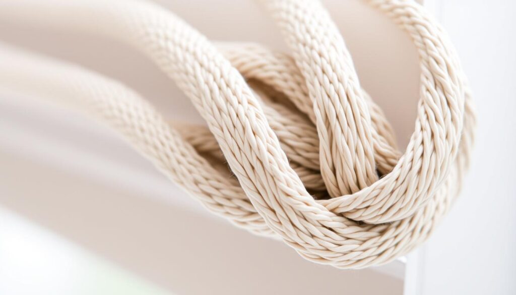 A close-up view of a classic exterior window roller blind cord, also known as a "sznurek rolety zewnętrznej" in Polish. The cord is made of durable, flexible material, typically nylon or polyester, and features a series of parallel strands twisted together to form a sturdy, yet lightweight structure. The cord is shown in natural lighting, with a soft focus on the intricate texture and weave pattern, highlighting the quality and craftsmanship of this essential component of an exterior roller blind system. The image conveys a sense of simplicity and functionality, aligning with the informative nature of the article section titled "Czym jest sznurek rolety zewnętrznej?". A close-up view of a classic exterior window roller blind cord, also known as a "sznurek rolety zewnętrznej" in Polish. The cord is made of durable, flexible material, typically nylon or polyester, and features a series of parallel strands twisted together to form a sturdy, yet lightweight structure. The cord is shown in natural lighting, with a soft focus on the intricate texture and weave pattern, highlighting the quality and craftsmanship of this essential component of an exterior roller blind system. The image conveys a sense of simplicity and functionality, aligning with the informative nature of the article section titled "Czym jest sznurek rolety zewnętrznej?".