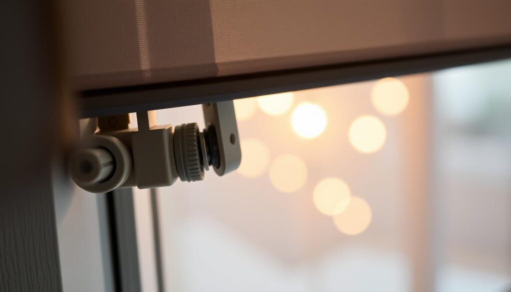 A close-up view of a day and night roller blind mechanism, showcasing its intricate inner workings. The foreground highlights the smooth transition between the day and night panels, with precise gear systems and high-quality components. In the middle ground, the blind's housing is rendered in muted tones, emphasizing the sleek, minimalist design. The background features soft, warm lighting that creates a cozy, inviting atmosphere, representative of the comfort and convenience these roller blinds provide. The overall image conveys a sense of technical proficiency, attention to detail, and the seamless integration of form and function.