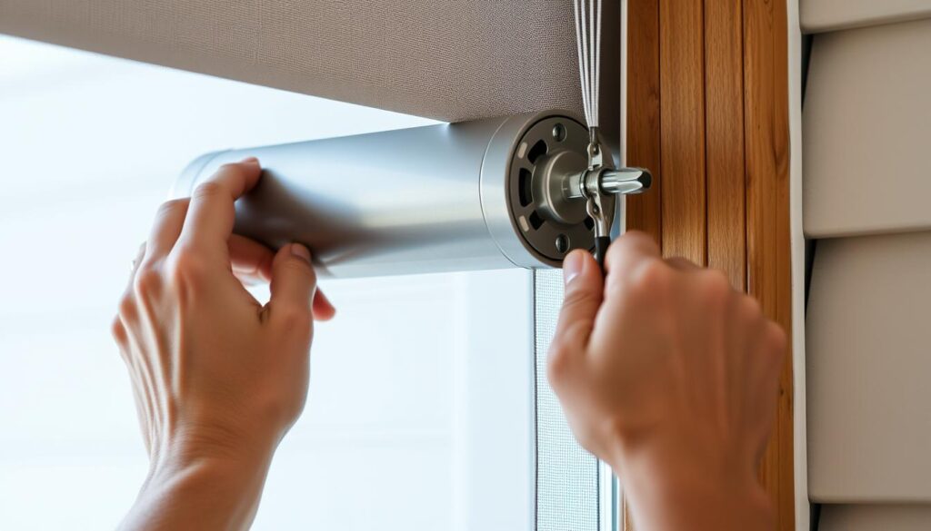 A close-up view of a person's hands carefully installing a roller shade mechanism onto the exterior frame of a window. The mechanism features a metal housing and a winding mechanism, with cables and hardware visible. The hands are using tools like a screwdriver and pliers to securely attach the roller shade components. The window frame is made of wood or metal, and the background shows a plain wall or exterior siding. Soft, even lighting illuminates the scene, creating a sense of focus and attention to detail. The overall mood is one of technical precision and care as the person diligently mounts the roller shade mechanism. A close-up view of a person's hands carefully installing a roller shade mechanism onto the exterior frame of a window. The mechanism features a metal housing and a winding mechanism, with cables and hardware visible. The hands are using tools like a screwdriver and pliers to securely attach the roller shade components. The window frame is made of wood or metal, and the background shows a plain wall or exterior siding. Soft, even lighting illuminates the scene, creating a sense of focus and attention to detail. The overall mood is one of technical precision and care as the person diligently mounts the roller shade mechanism.