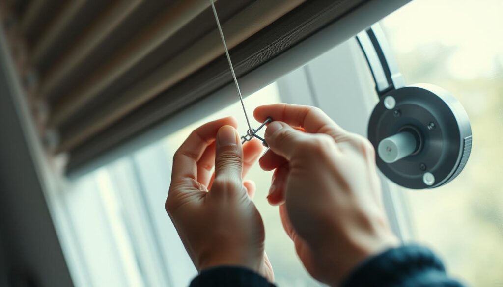 A close-up view of a person's hands meticulously replacing a broken cord in the inner mechanism of an exterior roller blind. The scene is set against a backdrop of a partially opened window, allowing natural light to filter in and illuminate the intricate task at hand. The focus is on the delicate movements and the tools used, capturing the technical expertise required to properly maintain and repair this common household item. The overall mood is one of concentration and attention to detail, emphasizing the importance of this DIY task in ensuring the continued functionality of the exterior roller blind.