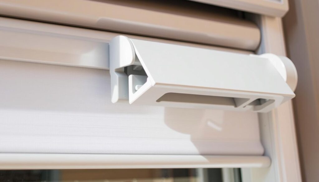 A close-up view of the exterior housing of a window roller shade, showcasing the mechanism for opening and accessing the internal components. The casing is made of durable, weather-resistant materials, with a sleek, modern design. The focus is on the hinged access panel or cover, which can be carefully opened to reveal the inner workings of the roller shade mechanism. Soft, natural lighting illuminates the scene, highlighting the textures and details of the hardware. The overall composition emphasizes the accessibility and functionality of the roller shade casing, providing a visually informative depiction of the subject matter. A close-up view of the exterior housing of a window roller shade, showcasing the mechanism for opening and accessing the internal components. The casing is made of durable, weather-resistant materials, with a sleek, modern design. The focus is on the hinged access panel or cover, which can be carefully opened to reveal the inner workings of the roller shade mechanism. Soft, natural lighting illuminates the scene, highlighting the textures and details of the hardware. The overall composition emphasizes the accessibility and functionality of the roller shade casing, providing a visually informative depiction of the subject matter.