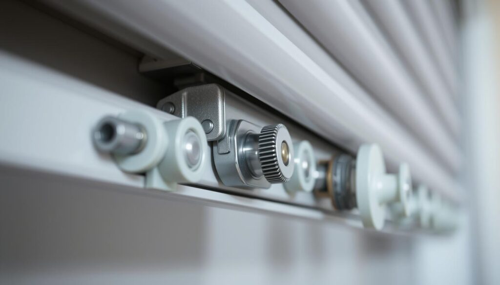 A close-up view of the internal mechanism of a window roller blind, showcasing the intricate gears, springs, and housing that make up the cassette. The image should be sharply focused, with soft, even lighting that highlights the various metal and plastic components. The angle should be slightly elevated, providing a detailed perspective of the blind's inner workings. The overall mood should convey a sense of technical precision and mechanical complexity, inviting the viewer to better understand the process of opening the roller blind cassette.