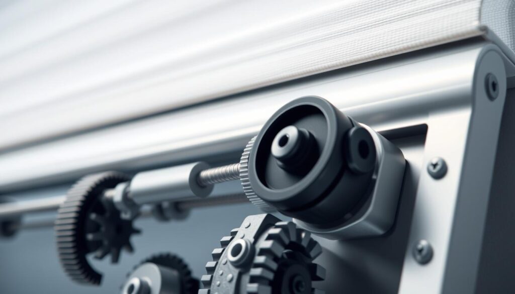 A close-up view of the intricate mechanism of a retractable roller shade, meticulously engineered and assembled. The foreground depicts the complex gears, springs, and pulleys that work in harmony to smoothly roll and unroll the shade. The middle ground showcases the sturdy casing and housing that protect the fragile mechanisms, while the background presents a clean, minimalist environment, allowing the viewer to focus on the technical details. The image is lit with soft, directional lighting, emphasizing the textures and shadows of the components, providing a clear and detailed illustration of the roller shade's inner workings.