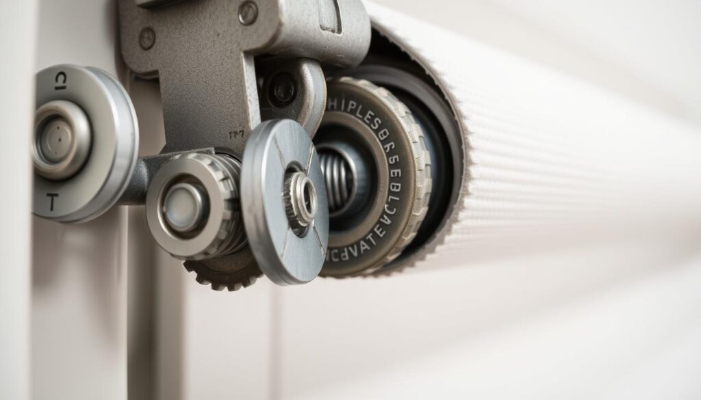 A close-up view of the intricate mechanism of a window roller blind, with its pulleys, gears, and tensioning springs visible. The mechanism appears worn and slightly misaligned, suggesting potential issues with the smooth operation of the blind. The lighting is soft and directional, highlighting the textures and details of the metal components. The background is blurred, placing the focus entirely on the problematic mechanism. The overall mood conveys a sense of contemplation and the need for maintenance or repair. A close-up view of the intricate mechanism of a window roller blind, with its pulleys, gears, and tensioning springs visible. The mechanism appears worn and slightly misaligned, suggesting potential issues with the smooth operation of the blind. The lighting is soft and directional, highlighting the textures and details of the metal components. The background is blurred, placing the focus entirely on the problematic mechanism. The overall mood conveys a sense of contemplation and the need for maintenance or repair.