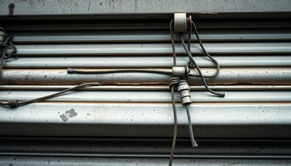 A closeup view of a damaged exterior roller shutter, capturing the nuances of weathered slats, tangled cords, and misaligned components. The shutter is adorned with scratches, dents, and discoloration, conveying the wear and tear of outdoor exposure. Soft, diffused lighting from an overcast sky illuminates the scene, creating a muted, documentary-style aesthetic. The frame focuses on the problematic areas of the shutter, highlighting the specific issues that need to be addressed, such as stuck or broken mechanisms, frayed operating cables, and loose mountings. The overall composition emphasizes the need for repair and maintenance, setting the stage for the article's solutions to common exterior roller shutter problems.