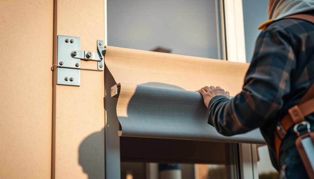 A construction worker attaching metal brackets to the exterior wall of a building, installing a roller shade system. In the middle ground, a partially rolled-up grey fabric shade is visible, with its metal rail and mechanisms. In the background, a large window with a slight reflection can be seen. The scene is illuminated by natural sunlight, casting warm shadows and highlights on the materials. The overall mood is one of a practical, functional installation process for exterior window coverings. The composition emphasizes the technical details and installation steps involved in mounting roller shades or exterior blinds.
