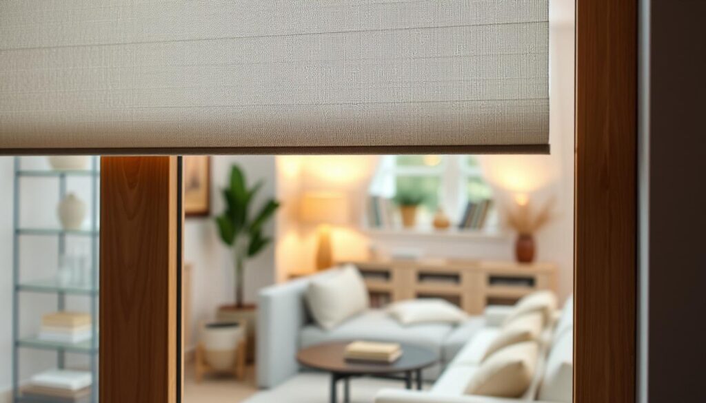 A cozy and inviting interior setting, showcasing the elegant design of interior window roller blinds. The foreground features a well-crafted roller shade, its soft, neutral tones complementing the warm, natural wood tones of the window frame. The middle ground reveals a glimpse of a tastefully decorated living space, with plush textiles and subtle decorative accents creating a harmonious ambiance. The background gently fades into a softly lit, serene environment, emphasizing the calming and enhancing effects of the interior roller blinds on the overall room aesthetic. Captured with a shallow depth of field, the image conveys a sense of refined sophistication and attention to detail in the interior design.