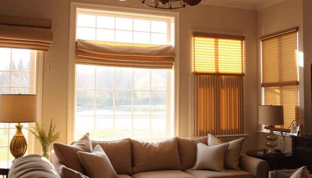 A cozy and inviting living room setting, with a large window overlooking a serene outdoor scene. In the foreground, two distinct window treatments are showcased - elegant Roman shades and sleek pleated shades, both in a soft, neutral color palette that complements the room's decor. The lighting is warm and natural, creating a harmonious and welcoming ambiance. The camera angle is positioned to capture the interplay between the two window styles, allowing the viewer to visualize how they might integrate into their own living space. The overall scene conveys a sense of comfort and style, highlighting the key differences between Roman and pleated shades in a visually compelling manner.