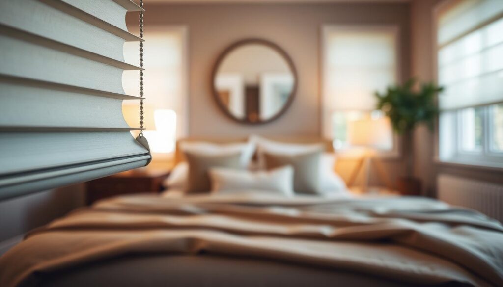 A cozy and stylish bedroom with a carefully selected set of window roller blinds. The foreground features a close-up view of the roller blinds, showcasing their elegant design and high-quality craftsmanship. The middle ground reveals the bedroom's warm and inviting atmosphere, with a well-made bed, plush pillows, and a nightstand. The background gently blurs, creating a sense of depth and focus on the roller blinds as the central element. The lighting is soft and diffused, creating a calming and relaxing ambiance. The overall composition emphasizes the importance of choosing the right roller blinds to enhance the bedroom's comfort and privacy. A cozy and stylish bedroom with a carefully selected set of window roller blinds. The foreground features a close-up view of the roller blinds, showcasing their elegant design and high-quality craftsmanship. The middle ground reveals the bedroom's warm and inviting atmosphere, with a well-made bed, plush pillows, and a nightstand. The background gently blurs, creating a sense of depth and focus on the roller blinds as the central element. The lighting is soft and diffused, creating a calming and relaxing ambiance. The overall composition emphasizes the importance of choosing the right roller blinds to enhance the bedroom's comfort and privacy.
