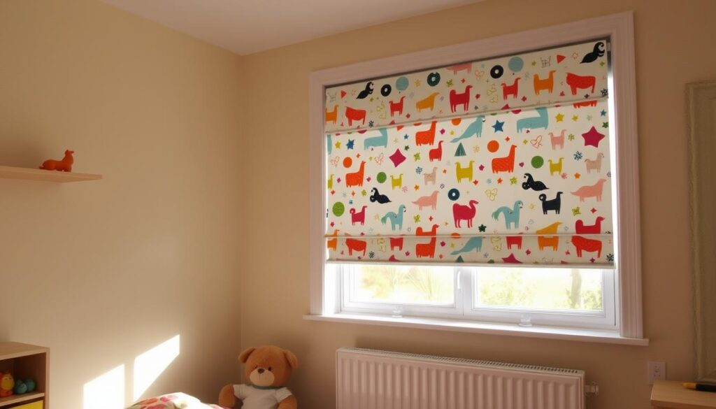 A cozy and whimsical children's room with a set of custom-made roller blinds covering the window. The blinds feature a delightful pattern of colorful animals, geometric shapes, and playful designs that capture the imagination of young occupants. The room is bathed in warm, soft lighting, creating a serene and inviting atmosphere. The blinds are installed with care, seamlessly blending into the room's décor and providing practical light control and privacy. This scene evokes a sense of comfort, security, and joy - the perfect environment for a growing child to explore, learn, and thrive.
