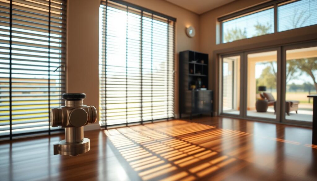 A cozy home interior bathed in warm, natural light filtering through modern, sleek burglar-proof roller shutters. The shutter slats are composed of robust, impact-resistant materials, casting intricate shadow patterns across the polished hardwood floors. In the foreground, a well-crafted shutter control mechanism invites interaction, while the middle ground showcases the seamless integration of the shutters into the home's architectural design. The background reveals a serene outdoor scene, emphasizing the shutters' ability to provide both security and privacy. An atmosphere of safety and comfort permeates the scene, reflecting the key advantages of investing in high-quality anti-burglary roller shutters.