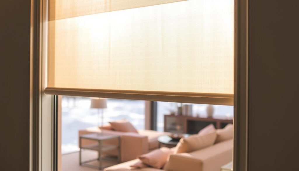 A cozy interior scene, showcasing the thermal insulation properties of exterior roller blinds. In the foreground, a window with crisp, clean lines is adorned with sleek, modern roller blinds, their fabric gently rippling as sunlight filters through. The middle ground reveals an inviting living space, with warm, neutral tones and plush furnishings that create a sense of comfort and relaxation. In the background, a glimpse of a snowy landscape outside emphasizes the contrast between the cozy interior and the chilly, wintry conditions beyond. The lighting is soft and diffused, casting a serene, tranquil atmosphere throughout the scene. The image captures the essence of how exterior roller blinds can enhance a home's thermal insulation, providing both aesthetic appeal and practical benefits.