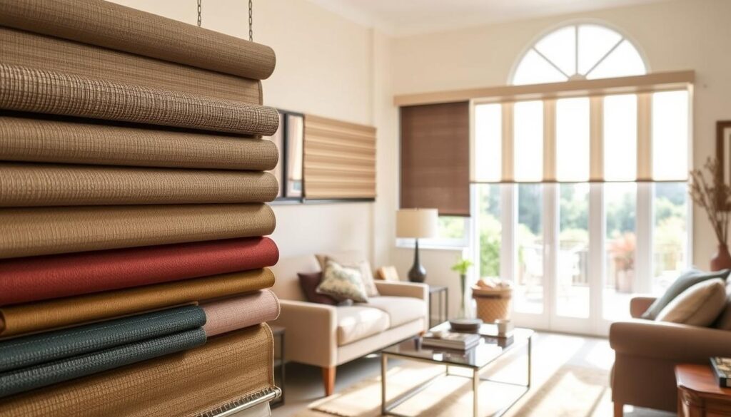 A cozy interior setting, showcasing a variety of high-quality window roller blinds against a bright, sunlit backdrop. The foreground features a display of different fabric textures, patterns, and colors, allowing the viewer to envision the range of options available for their home. The middle ground depicts a well-appointed living room, with tasteful furnishings and decor that complement the roller blinds. The background offers a glimpse of an inviting outdoor scene, suggesting the perfect lighting and atmosphere for these versatile window treatments. The overall scene conveys a sense of style, comfort, and the ease of finding the perfect roller blinds for any space.