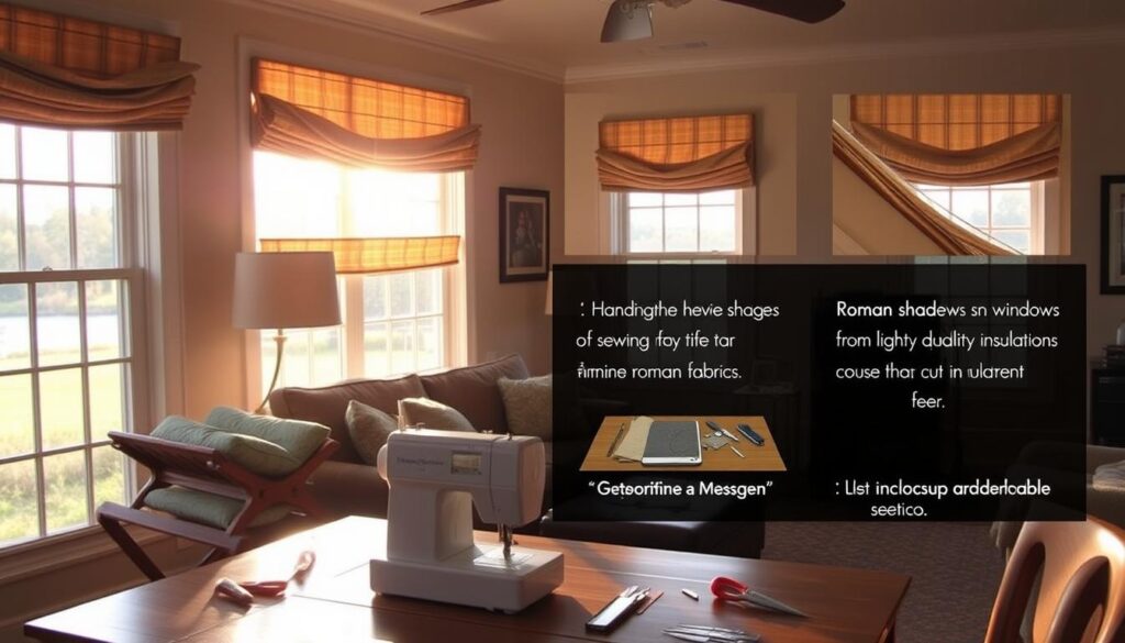 A cozy living room flooded with warm, natural lighting shining through handcrafted Roman shades hanging elegantly in the windows. The shades, meticulously sewn from high-quality fabric, provide a perfect balance of light control and insulation, enhancing the room's ambiance. In the foreground, a sewing machine and various sewing tools sit on a wooden table, indicating the satisfaction of creating these custom window treatments. The middle ground showcases the step-by-step process of measuring, cutting, and assembling the Roman shades, highlighting the practical benefits of this DIY project. The background features a serene outdoor view, emphasizing the harmonious integration of homemade window treatments and the surrounding environment.