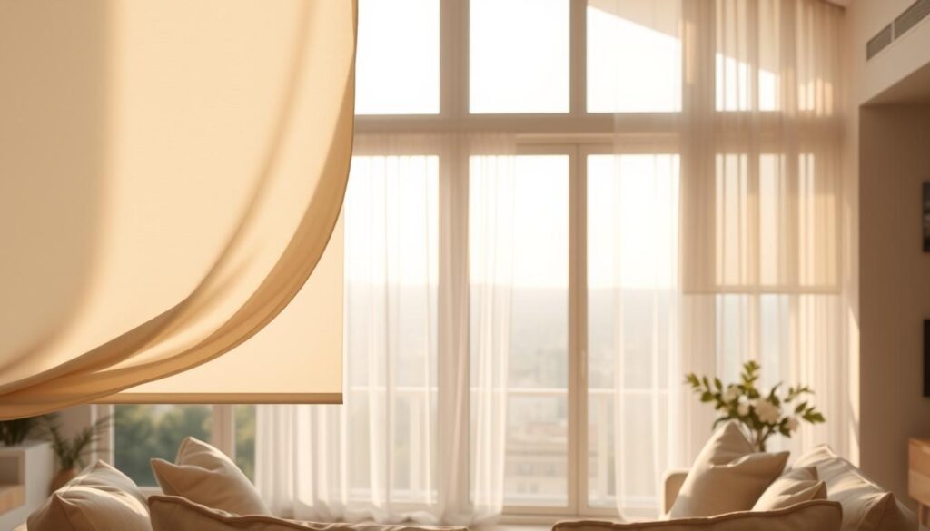 A cozy living room interior with large windows, filled with natural light. In the foreground, a pair of elegant white day and night roller blinds gracefully frame the view, their soft fabric cascading in gentle folds. Sheer white curtains in the middle ground add a delicate, airy touch, their shimmering material billowing slightly in the breeze. In the background, a distant cityscape or natural landscape can be seen through the expansive windows, creating a soothing, harmonious atmosphere. The lighting is warm and inviting, highlighting the textures and colors of the textiles. The overall composition evokes a sense of tranquility and sophisticated style.