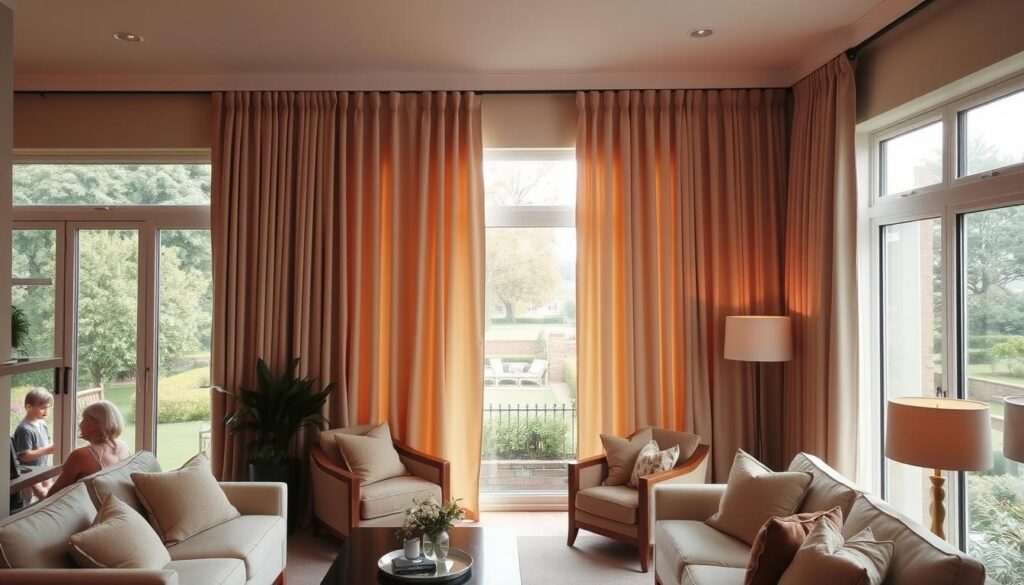 A cozy living room with a large window overlooking a beautiful garden. Elegant floor-to-ceiling curtains in a soft, neutral shade gracefully frame the view, letting in just the right amount of natural light. The curtains are made of a luxurious, flowing fabric that gently billows in the breeze. The room has a warm, inviting atmosphere, with plush furniture and decorative accents that complement the curtains' color palette. Soft, warm lighting casts a gentle glow throughout the space, creating a tranquil and relaxing ambiance. The curtains are the focal point, subtly elevating the overall aesthetic of the room.