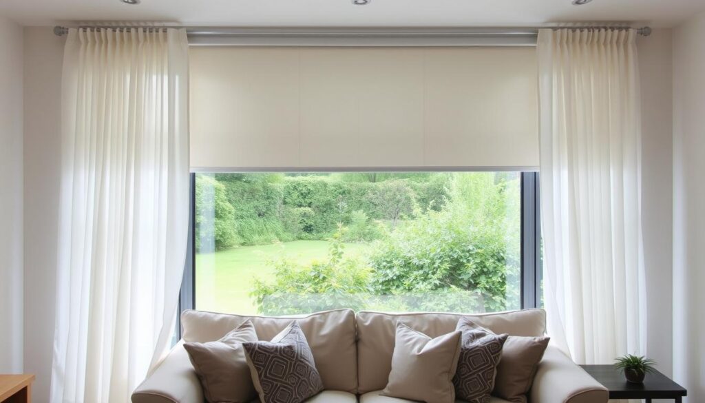 A cozy living room with a large window overlooking a lush garden. In the foreground, a set of sheer, white curtains are elegantly draped over a sleek, motorized roller blind, creating a harmonious blend of soft, natural light and modern functionality. The roller blind is precisely positioned to allow for optimal light control, while the cascading curtains add a touch of elegant sophistication. The middle ground features a plush, neutral-toned sofa adorned with decorative throw pillows, complementing the overall color scheme. The background showcases the verdant garden outside, visible through the partially opened curtains, setting a serene and inviting atmosphere.