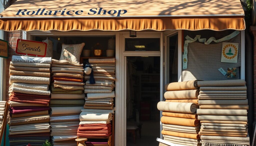 A cozy local fabric shop, its exterior adorned with a vibrant awning and quaint signage. Shelves brimming with an array of lush, textural fabrics in earthy tones and patterns, creating a warm, inviting atmosphere. Sunlight streams through the large display windows, highlighting the diverse selection of roller blind materials. Friendly shop owners greet customers, ready to offer personalized guidance on the perfect fabrics for their home decor needs. The shop's well-curated collection reflects the local community's distinct style and preferences, making it a go-to destination for high-quality roller blind materials.