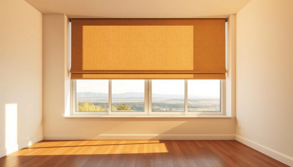 A cozy room with a large, elegant window overlooking a scenic outdoor landscape. In the foreground, a plush, modern roller blind in a neutral color effortlessly covers the window, its texture and material quality clearly visible. The blind is partially extended, casting intriguing shadows and patterns across the floor. Warm, natural lighting floods the space, creating a serene and inviting atmosphere. The room is sparsely furnished, with clean lines and a minimalist aesthetic, allowing the focus to remain on the roller blind and the stunning view beyond. The overall scene conveys a sense of tranquility, comfort, and thoughtful design.