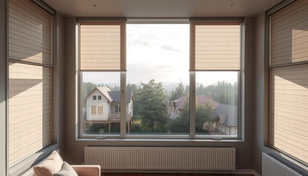 A cozy room with large windows, allowing ample natural light to stream in. In the foreground, a set of sleek, modern thermal insulation roller blinds, their textured fabric in a neutral tone, gently filtering the sunlight. The middle ground showcases the view outside, a tranquil landscape of trees and a serene sky. The background features a minimalist, Scandinavian-inspired interior design, with clean lines and muted colors that complement the roller blinds. Soft, diffused lighting casts a warm, inviting glow throughout the space, highlighting the thermal insulation properties of the roller blinds. The overall atmosphere conveys a sense of comfort, energy efficiency, and a harmonious integration of the interior with the outdoor environment.