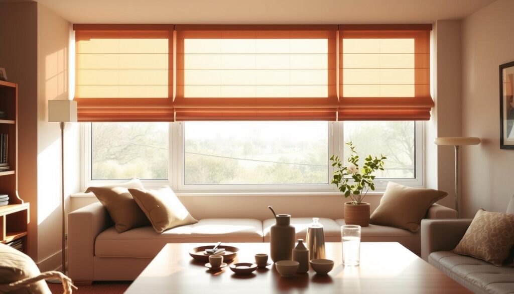 A cozy, sun-filled room featuring a large window with stylish day-night roller blinds. The blinds gracefully cover the window, providing a seamless transition between day and night. The room is bathed in warm, natural light, casting a soft, inviting glow. The blinds' sleek, minimalist design harmonizes perfectly with the room's decor, creating a sense of modern elegance. In the foreground, a table displays a variety of household objects, hinting at the practical benefits of these versatile blinds. The overall scene conveys the comfort, energy efficiency, and aesthetic appeal of day-night roller blinds, enticing the viewer to consider them for their own living space.