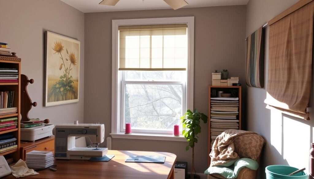 A cozy, well-lit home studio. In the foreground, a sewing machine sits on a wooden table, surrounded by colorful fabrics, spools of thread, and sewing tools. The middle ground features a large window, allowing natural light to pour in and illuminate the scene. In the background, a simple, DIY roller shade hangs gracefully, its fabric gently cascading down the window frame. The overall atmosphere is one of creativity, craftsmanship, and a sense of accomplishment in creating a practical home solution without relying on traditional mechanisms.