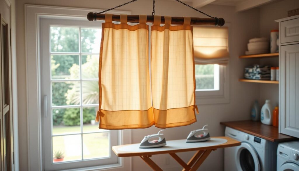 A cozy, well-lit laundry room with a large window overlooking a lush garden. In the foreground, a pair of freshly washed Roman shades hang from a rustic wooden dowel, their soft folds cascading down gracefully. The shades are made of a light, sheer fabric that catches the warm, diffused sunlight, creating a gentle, natural glow. In the middle ground, a wooden ironing board stands nearby, ready for the next step in the cleaning process. The background features neatly arranged shelves and cabinets, housing various laundry supplies and detergents. The overall atmosphere is one of tranquility and efficiency, reflecting the care and attention required to properly clean and maintain these beautiful window treatments.