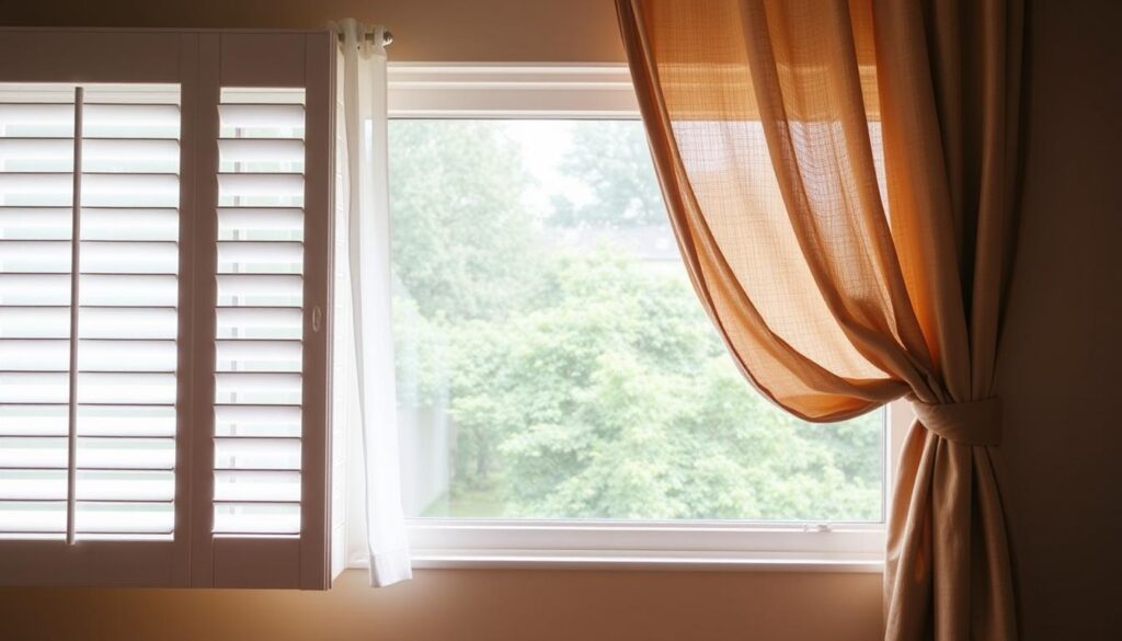 A cozy window scene showcasing various ways to combine window blinds and curtains for a stylish, cohesive look. In the foreground, a set of white wooden blinds is partially opened, casting gentle shadows across the sill. Behind, a flowing, sheer white curtain panel gently billows in the soft natural light. The midground features a thicker, textured curtain in a neutral tone, artfully draped and tied back to frame the view. The background depicts a lush, verdant outdoor landscape visible through the window, creating a serene, nature-inspired ambiance. The lighting is warm and diffused, lending an inviting, intimate atmosphere to the overall scene.