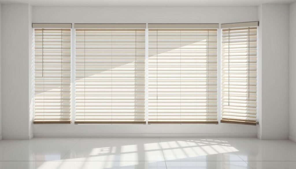 A crisp, detailed image of a set of modern żaluzje (window blinds) made of aluminum slats in a neutral color palette. The blinds are fully extended, casting subtle shadows across a clean, well-lit room with white walls and a minimalist, contemporary style. The camera angle is slightly elevated, providing a balanced, symmetrical view that highlights the precise, uniform lines and intricate mechanisms of the żaluzje, conveying their functional elegance and design. The overall mood is one of calm, order, and design sophistication.