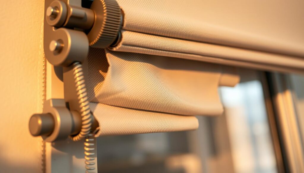 A detailed close-up of the internal mechanisms of a window roller blind. The foreground showcases the intricate gears, pulleys, and tension springs that control the raising and lowering of the blind, all rendered in muted metallics and neutral tones. The middle ground reveals the fabric of the blind itself, with delicate folds and creases capturing the effects of wear and tear. The background is softly blurred, hinting at the window frame and surrounding wall, creating a sense of depth and context. The lighting is warm and slightly directional, casting subtle shadows that accentuate the textures and shapes of the components. This precise, technical depiction conveys the common issues and maintenance needs of internal roller blind systems.