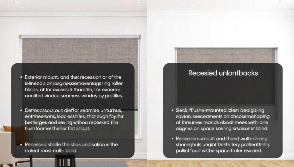 A detailed comparison of the features and characteristics of exterior mounted and recessed window roller blinds. The scene depicts the key attributes and drawbacks of each blind type, showcased against a neutral, well-lit interior setting with a large window and clean, minimalist decor. The exterior mounted blinds in the foreground exhibit their seamless, unobtrusive profiles and ease of installation, while the recessed blinds in the background highlight their sleek, flush-mounted design and space-saving benefits. Soft, directional lighting accentuates the textures and materials of the blinds, allowing their unique qualities to be clearly observed. The overall mood is informative and visually balanced, creating an effective visual aid to accompany the written section on the comparative advantages of these two roller blind styles.
