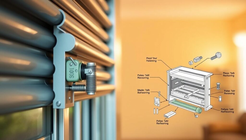 A detailed instruction manual on opening a roller shutter cassette. The foreground shows a close-up view of the roller shutter's side profile, exposing the internal mechanism and various components like the spring, pulley, and locking mechanism. The middle ground presents the cassette housing in an exploded, schematic view, highlighting the key steps and parts needed to access and service the roller shutter system. In the background, a warm, soft-lit environment evokes a sense of practical guidance and DIY expertise. The lighting is natural and diffused, creating an approachable, educational atmosphere suitable for a how-to article on roller shutter maintenance. A detailed instruction manual on opening a roller shutter cassette. The foreground shows a close-up view of the roller shutter's side profile, exposing the internal mechanism and various components like the spring, pulley, and locking mechanism. The middle ground presents the cassette housing in an exploded, schematic view, highlighting the key steps and parts needed to access and service the roller shutter system. In the background, a warm, soft-lit environment evokes a sense of practical guidance and DIY expertise. The lighting is natural and diffused, creating an approachable, educational atmosphere suitable for a how-to article on roller shutter maintenance.