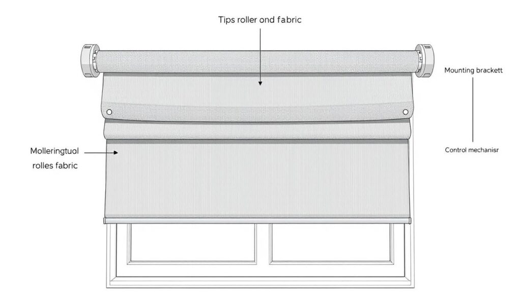 A detailed step-by-step assembly guide for a window roller shade, captured in a highly detailed, technical illustration. The image shows the essential components of the roller shade - the fabric, the roller mechanism, the mounting brackets, and the control mechanism - arranged in a clean, well-lit, front-facing view. The lighting is soft and neutral, highlighting the intricate textures and materials. The perspective is slightly elevated, allowing the viewer to clearly see the assembly process. The overall mood is instructive and informative, conveying a sense of clarity and precision for the DIY home improvement task.