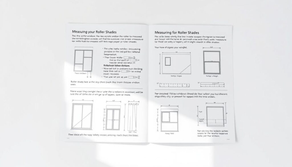 A detailed, step-by-step instruction manual for measuring a window for roller shades, laid out on a clean, white background. Bright, natural lighting illuminates the precise measurements and diagrams, providing clear visual guidance. The manual features illustrations demonstrating the proper technique for measuring window width, height, and depth, with rulers and drawing tools visible. A neutral, minimalist design creates a professional, educational atmosphere, aimed at helping the reader avoid common measurement errors when preparing to install roller shades.