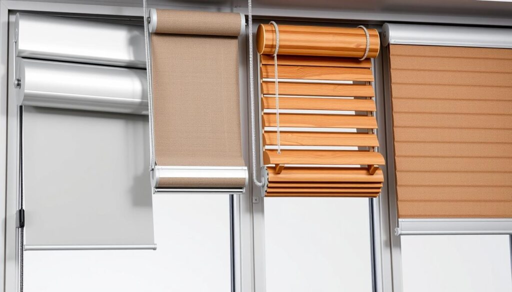 A detailed, well-lit close-up view of various external window roller shades, showcasing their diverse styles and mechanisms. The foreground features a selection of rolled-up and deployed shades, including sleek aluminum models, classic wooden venetian-style shades, and modern motorized options. The midground shows the inner workings and mounting hardware of these shades, while the background provides a neutral, softly-lit setting to highlight the shades' textures, materials, and functionality. The overall composition emphasizes the technical aspects and design variations of contemporary exterior window roller shades. A detailed, well-lit close-up view of various external window roller shades, showcasing their diverse styles and mechanisms. The foreground features a selection of rolled-up and deployed shades, including sleek aluminum models, classic wooden venetian-style shades, and modern motorized options. The midground shows the inner workings and mounting hardware of these shades, while the background provides a neutral, softly-lit setting to highlight the shades' textures, materials, and functionality. The overall composition emphasizes the technical aspects and design variations of contemporary exterior window roller shades.