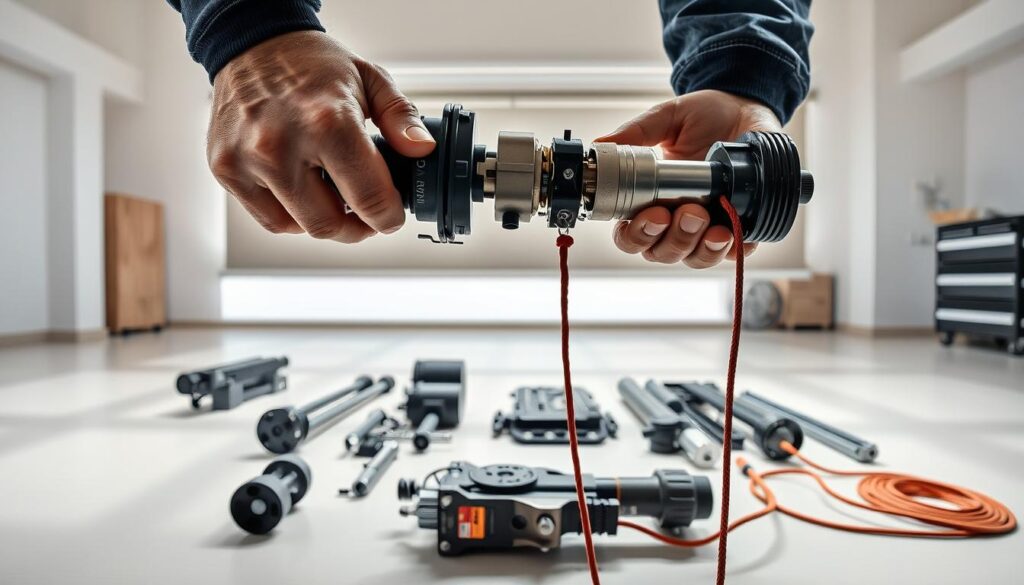 A detailed, well-lit, high-resolution image of the process of assembling an outdoor roller blind mechanism. The foreground shows a technician's hands carefully installing the roller mechanism, the winding mechanism, and the pull cord. The middle ground features the disassembled components of the roller blind system, laid out neatly. The background depicts a clean, minimalist workshop environment with neutral-toned walls and floors, providing a serene and focused setting for the assembly process. The lighting is bright and directional, creating clean shadows and highlighting the intricate details of the components. The overall mood is one of precision, concentration, and professional expertise. A detailed, well-lit, high-resolution image of the process of assembling an outdoor roller blind mechanism. The foreground shows a technician's hands carefully installing the roller mechanism, the winding mechanism, and the pull cord. The middle ground features the disassembled components of the roller blind system, laid out neatly. The background depicts a clean, minimalist workshop environment with neutral-toned walls and floors, providing a serene and focused setting for the assembly process. The lighting is bright and directional, creating clean shadows and highlighting the intricate details of the components. The overall mood is one of precision, concentration, and professional expertise.
