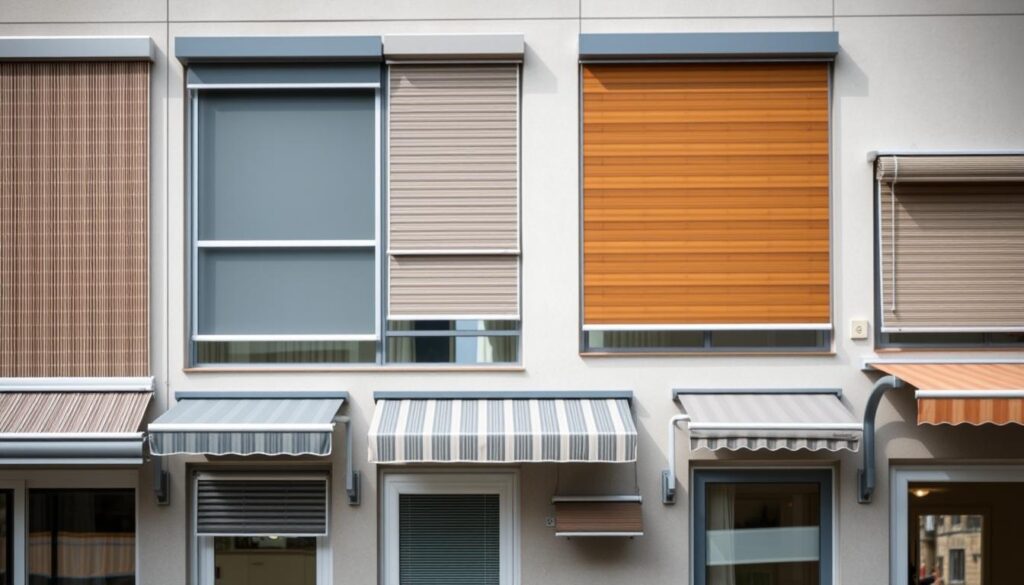 A detailed, well-lit photographic composition showcasing a variety of contemporary exterior window shades. The foreground prominently features an array of different roller blinds, showcasing their diverse designs, materials, and mechanisms - from sleek, minimalist aluminum to textured wooden slats and automated motorized systems. The middle ground displays a selection of retractable awnings, showcasing their various colors, patterns, and deployment mechanisms. The background provides a neutral, softly blurred architectural setting to emphasize the window treatments. The overall mood is one of understated elegance and functionality, highlighting the practical and aesthetic versatility of modern exterior window coverings.