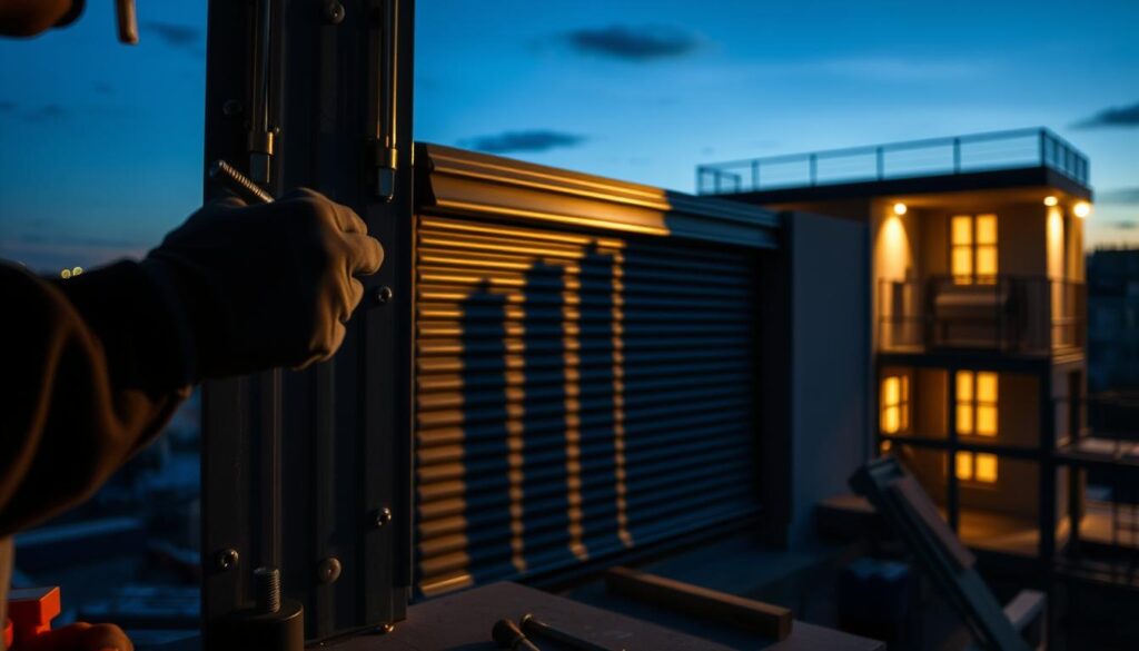 A dimly lit construction site at dusk, a worker carefully secures the mounting brackets for a set of external roller shutters. The foreground shows their gloved hands manipulating the screws and bolts, with tools and materials neatly organized nearby. In the middle ground, the partially installed shutter system casts long shadows, emphasizing the precise placement and alignment of the components. The background depicts the partially completed building facade, giving context to the safety-focused installation process. Soft, warm lighting illuminates the scene, evoking a sense of diligence and professionalism in the safety-conscious assembly.