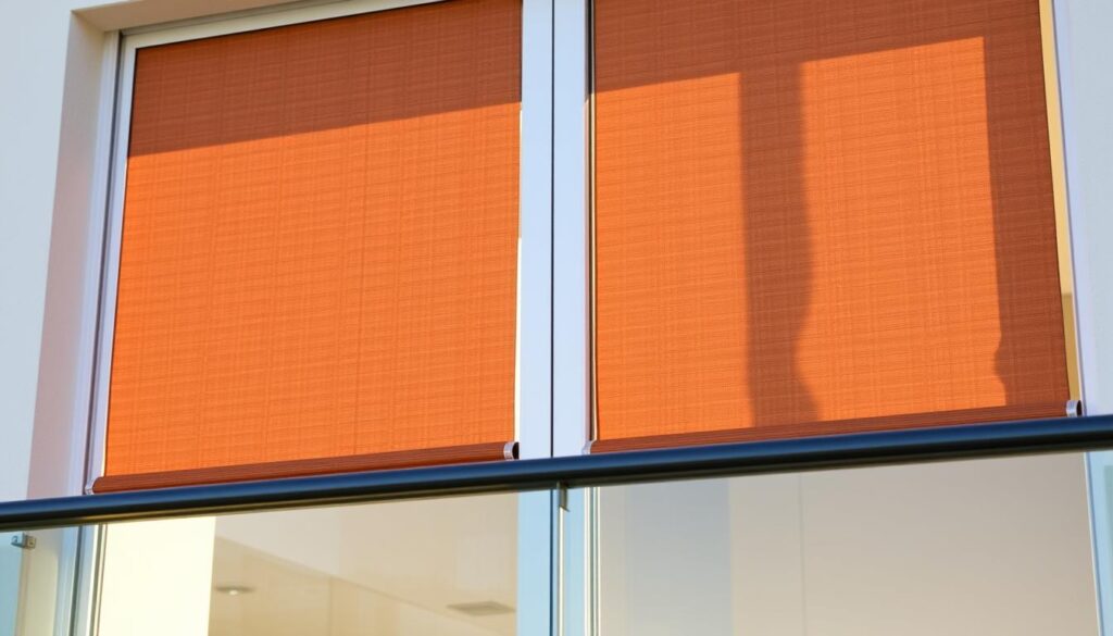 A finely crafted set of sliding patio door rollers, elegantly adorning a sun-drenched balcony. Textured fabric cascades in soft folds, effortlessly gliding along a sleek aluminum track. Warm, natural lighting filters through the transparent panels, casting a gentle glow and accentuating the tactile details. The rollers operate with precision, offering smooth, silent movement to easily control the flow of light and air. This harmonious system seamlessly integrates with the contemporary balcony design, blending form and function for a truly functional and visually appealing solution.