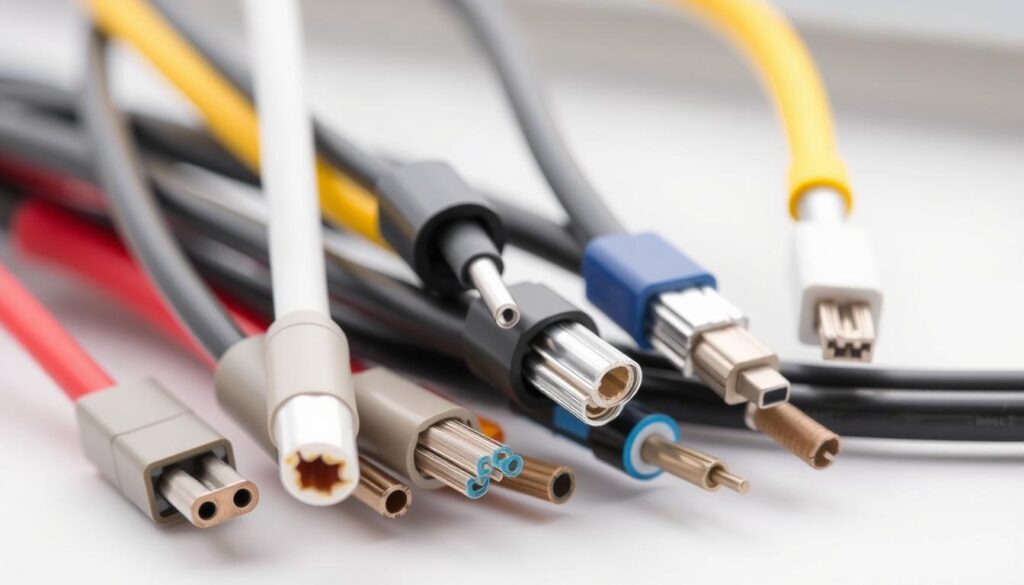 A high-quality close-up image of various types of electrical cables and wires used for controlling and powering exterior window blinds and roller shutters. The image should show the cables in clear detail, with a focus on their distinct colors, thicknesses, and technical specifications. The cables should be arranged neatly, with a clean, well-lit background that showcases their features. The overall mood should be informative and technical, conveying the importance of selecting the right cables for exterior window coverings.
