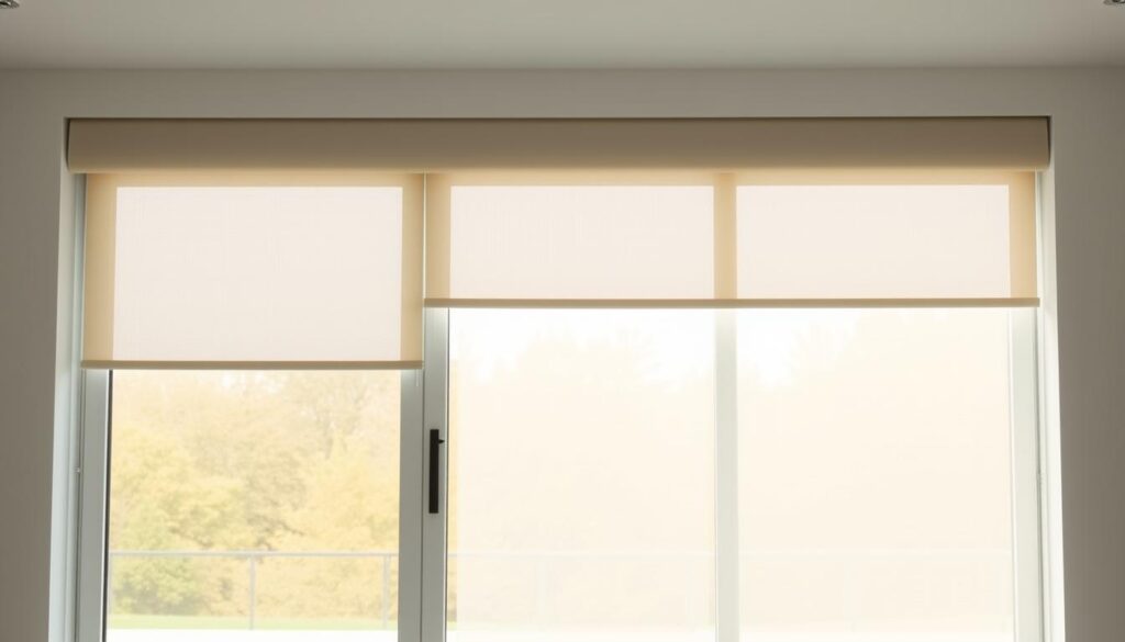 A large sliding glass door against a bright, warm outdoor scene. The translucent fabric roller blinds are partially drawn, casting soft, natural light across the room. The blinds move smoothly along a sleek, minimalist track system, providing effortless control over privacy and light. The blinds have a clean, neutral color that complements the modern, open-concept interior design. The overall scene conveys a sense of airy, spacious elegance and tranquility. A large sliding glass door against a bright, warm outdoor scene. The translucent fabric roller blinds are partially drawn, casting soft, natural light across the room. The blinds move smoothly along a sleek, minimalist track system, providing effortless control over privacy and light. The blinds have a clean, neutral color that complements the modern, open-concept interior design. The overall scene conveys a sense of airy, spacious elegance and tranquility.