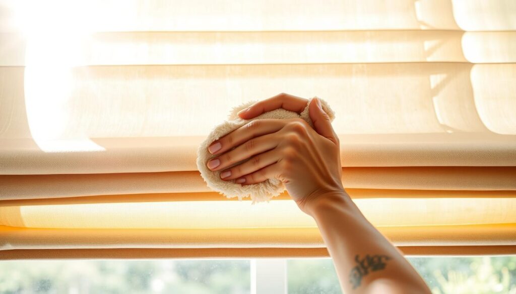 A meticulously detailed image of a person gently hand-washing Roman shades against a bright, airy backdrop. The foreground features the hands delicately scrubbing the fabric, showcasing the texture and intricate design. The middle ground depicts the fully extended shades, their rectangular forms and natural shades of beige and cream visible. The background is filled with soft, diffused natural light streaming through a large window, creating a calming, serene atmosphere. The lighting is balanced, with both highlights and shadows accentuating the material's softness and pliability. The overall scene conveys a sense of care, attention, and the importance of proper cleaning techniques to maintain the longevity and beauty of day-night Roman shades.