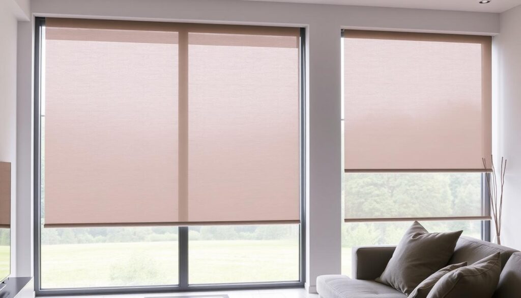 A modern and stylish living room with sleek, minimalist window treatments that let in soft, natural light. A pair of modern roller blinds in a neutral tone, possibly a light grey or beige, are mounted on large windows that offer a panoramic view of a lush, verdant landscape outside. The blinds have a seamless, unobtrusive design, complementing the room's contemporary aesthetic. Subtle textures and clean lines create a harmonious, elegant atmosphere, perfect for a sophisticated living space. The lighting is soft and diffused, casting a warm, inviting glow throughout the room. The overall scene conveys a sense of tranquility and refined, modern living.